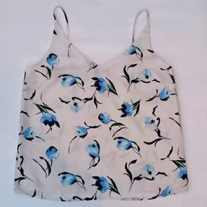 White Spaghetti Strap Blouse, Watercolor Pattern Blue Flowers